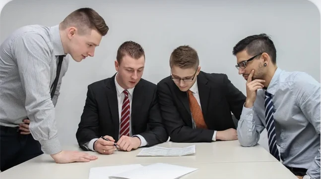 Profesionales revisando documentos en una reunión de trabajo